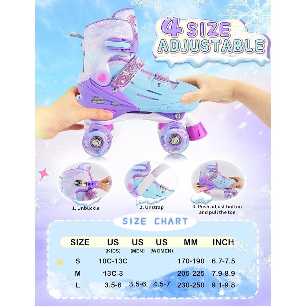 Kids Purple Blue Light Up Wheels Adjustable Youth Plastic Roller Skates Shoes - Picture 2 of 8